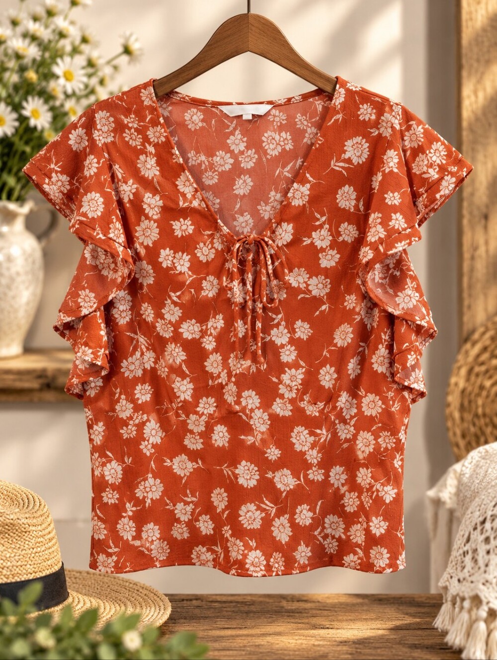 LC Lauren Conrad Terracotta Floral Flutter Sleeve Tie Front Blouse Cottagecore